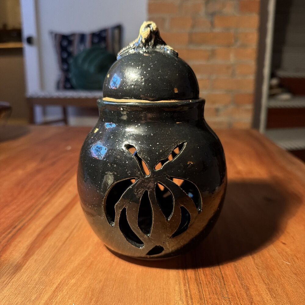 Signed Judy T Clark Turner Studio Art Pottery Lidded Jar Pierced Cutout Glaze